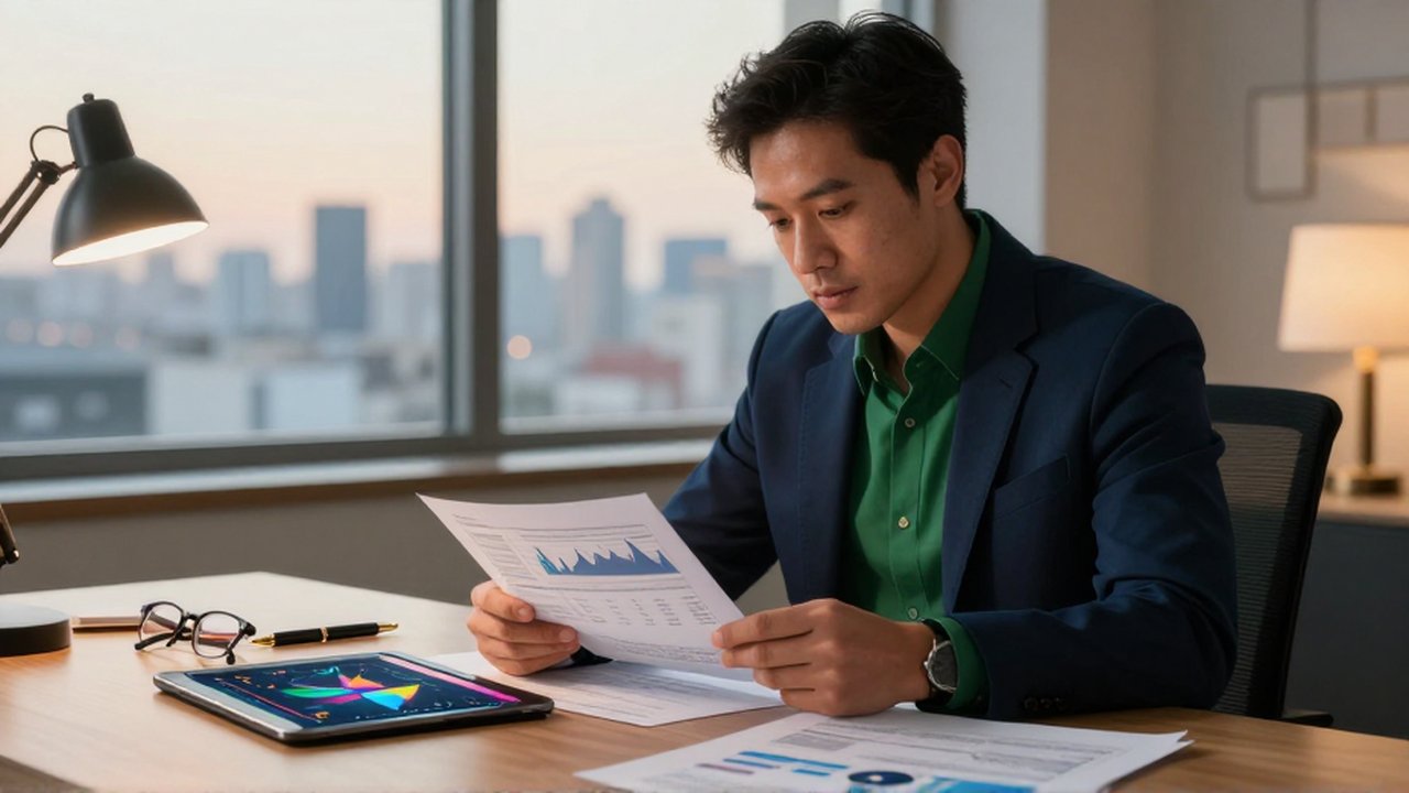 Analista financiero concentrado revisando documentos y gráficos impresos en un elegante despacho con vista a la ciudad.