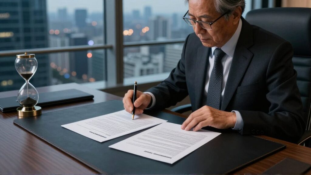 Analista financiero revisa contratos de derivados en una oficina de lujo con vistas a la ciudad.