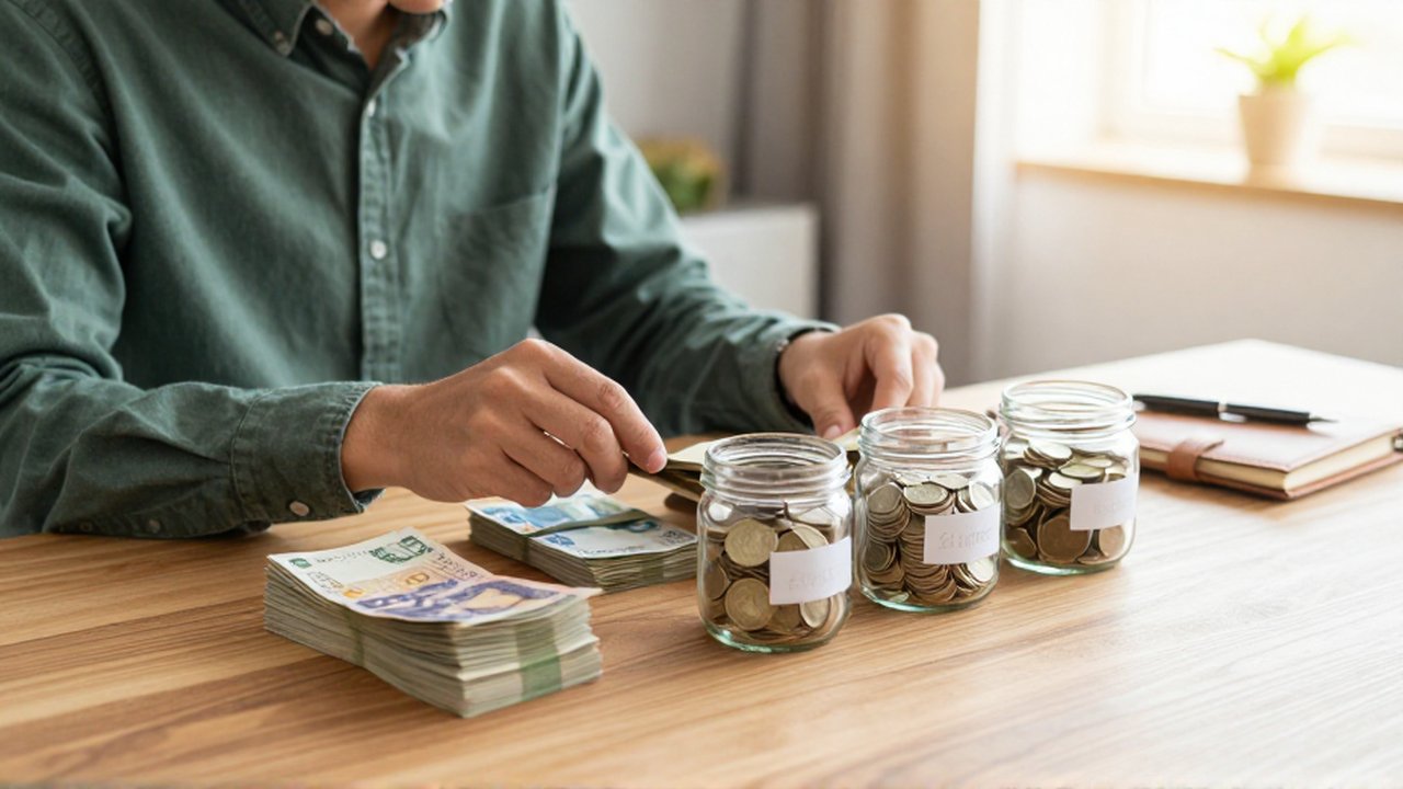 Persona organizando billetes y monedas en frascos de cristal para sus metas de ahorro.