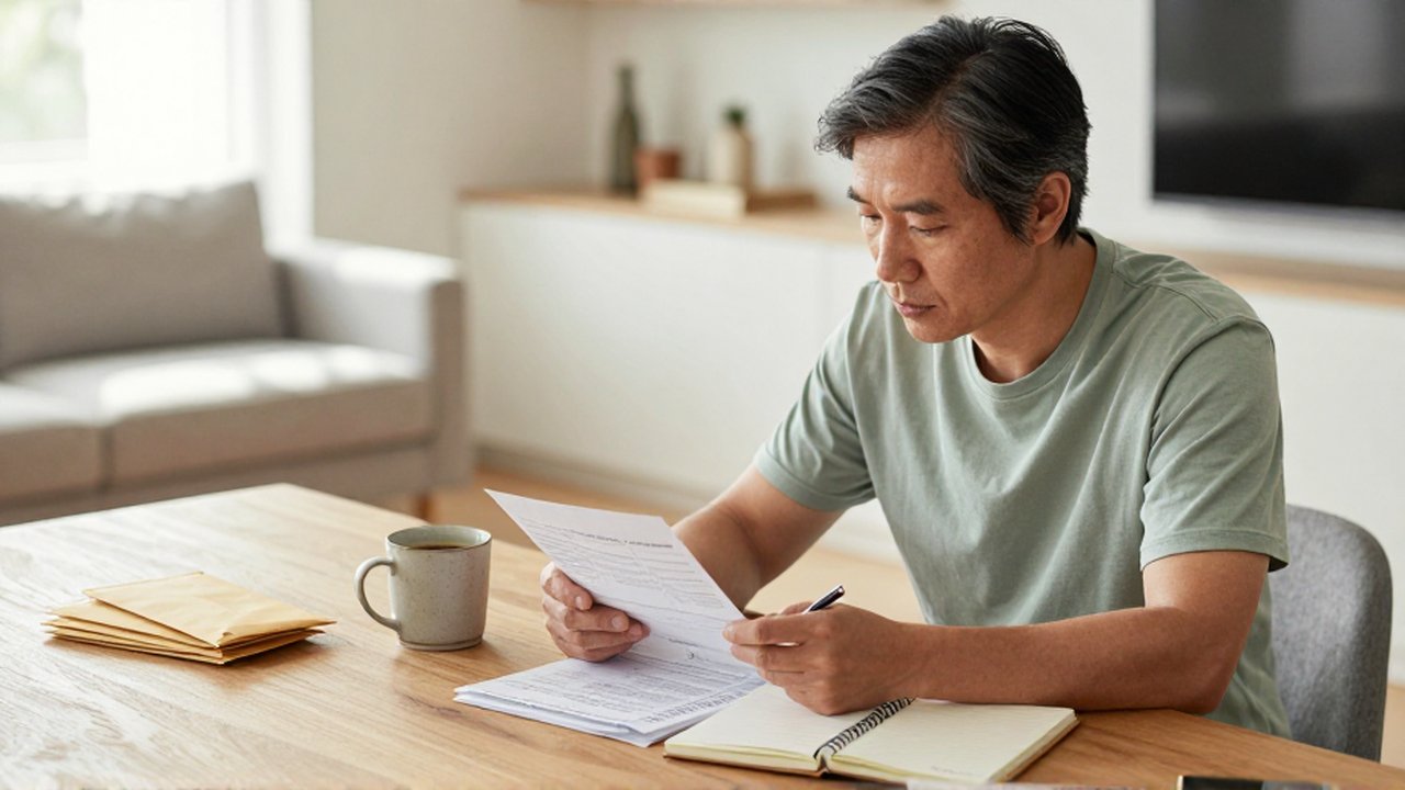 Persona de unos treinta años revisa sus finanzas y agenda en una mesa de madera iluminada.