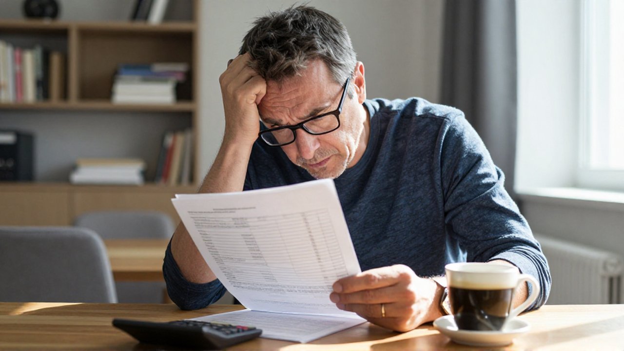 Hombre de mediana edad concentrado y confundido analizando documentos financieros complejos junto a una calculadora.