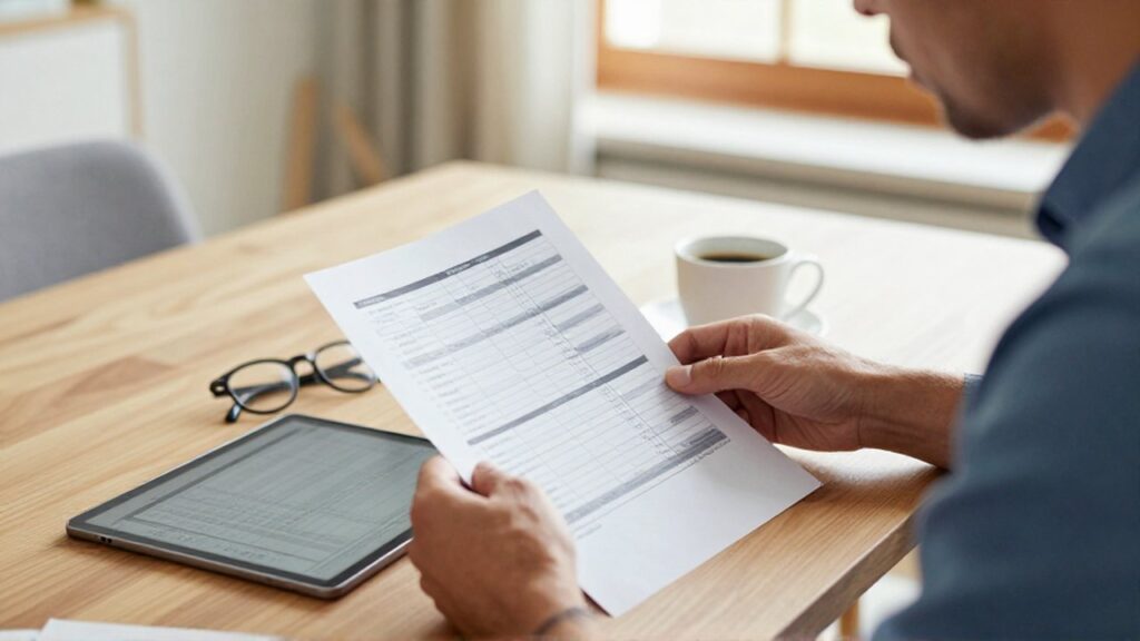 Persona concentrada comparando un documento bancario impreso con una tableta digital sobre una mesa de madera.