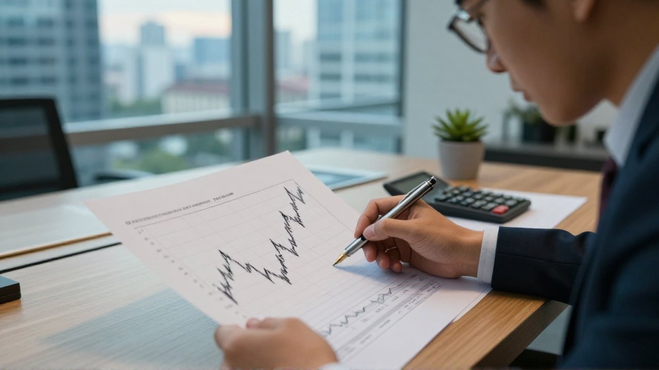 Analista financiero observa con concentración un gráfico de mercado en un escritorio de oficina moderna.