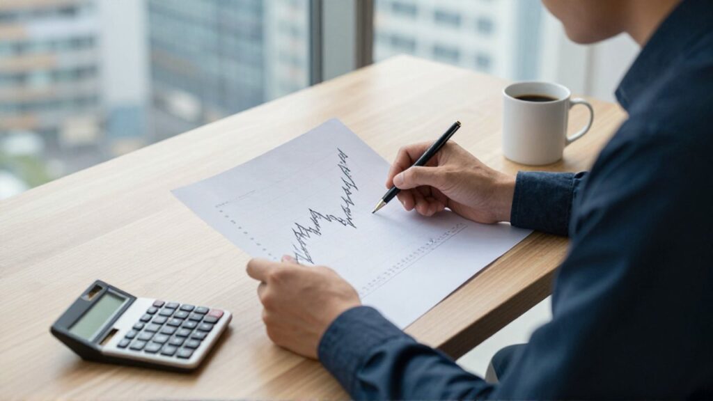 Analista financiero estudiando cuidadosamente un gráfico de líneas impreso en un escritorio de oficina iluminado.