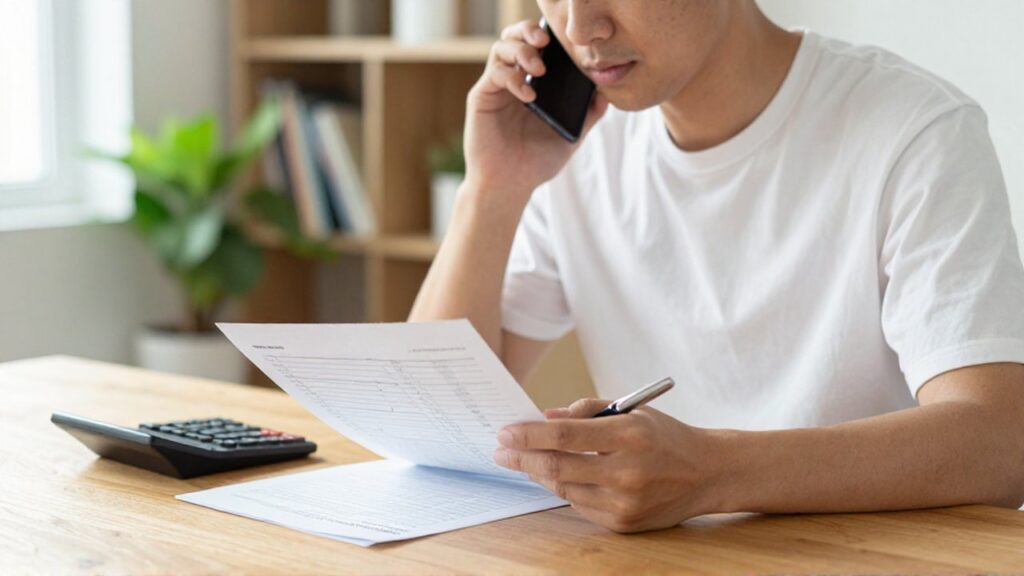 Persona concentrada analizando documentos financieros y usando una calculadora mientras habla por teléfono en un escritorio luminoso.
