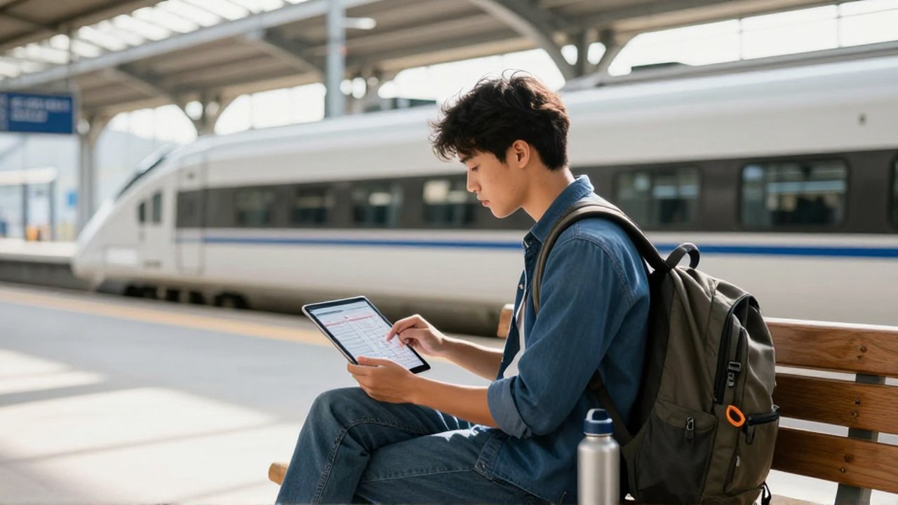 Un viajero revisa sus gastos en una tableta sentado en un banco de la estación ferroviaria.