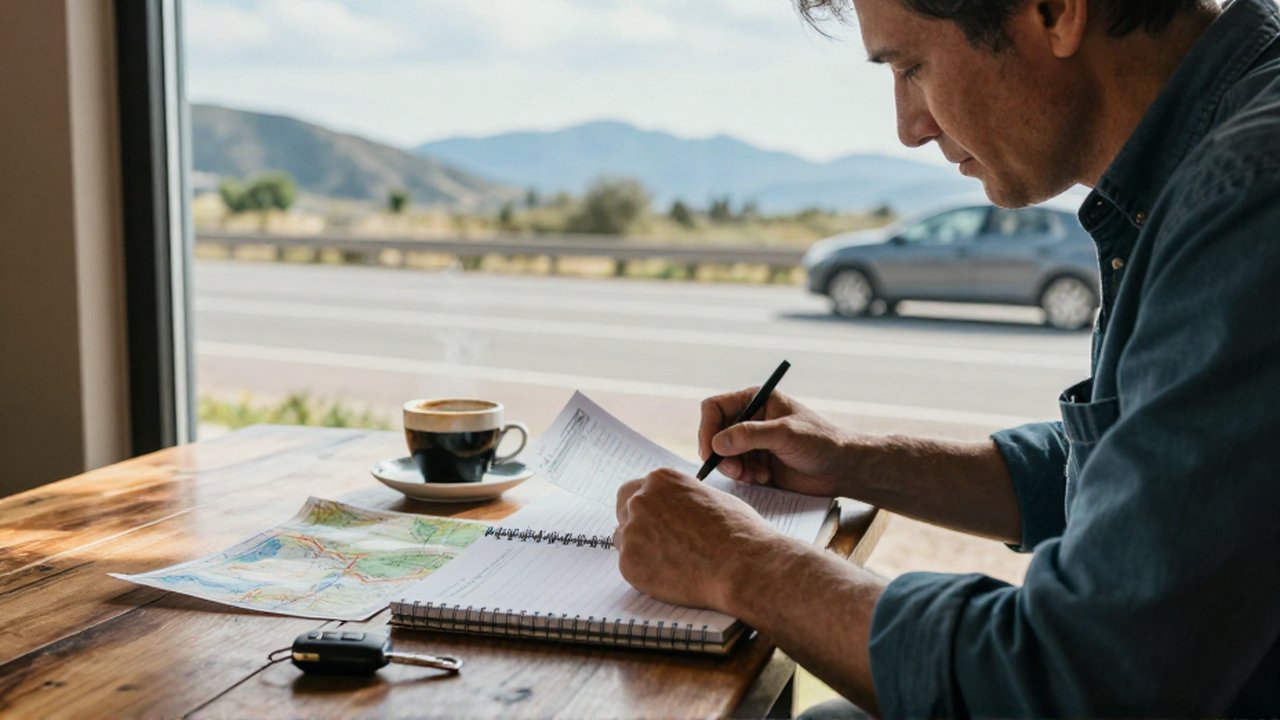 Viajero de mediana edad planificando su presupuesto y ruta en una cafetería junto a una carretera.