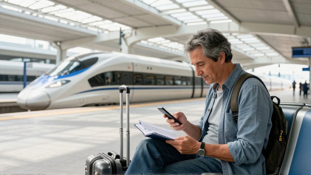 Viajero de mediana edad organiza sus gastos con un cuaderno y móvil en una luminosa estación de tren.