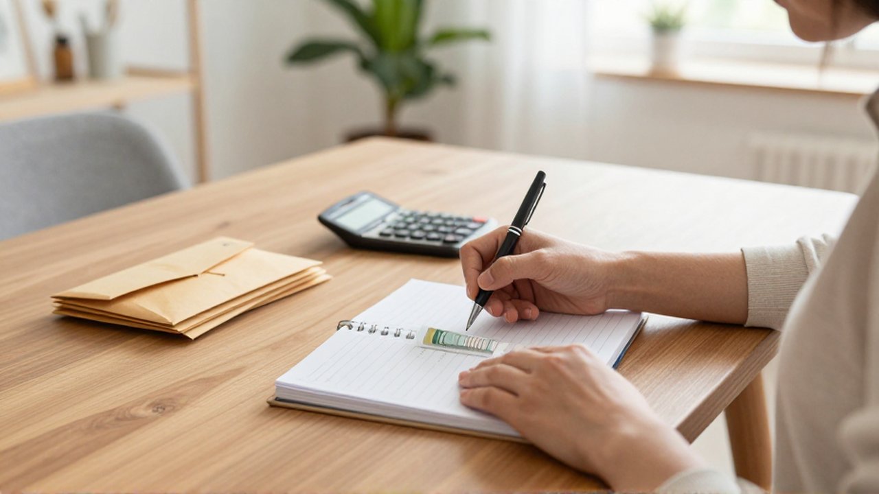 Persona organizando facturas y anotando fechas en un planificador sobre una mesa de madera.