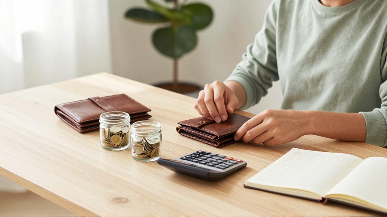Persona organizando billetes y monedas en frascos y carteras sobre un escritorio de madera.