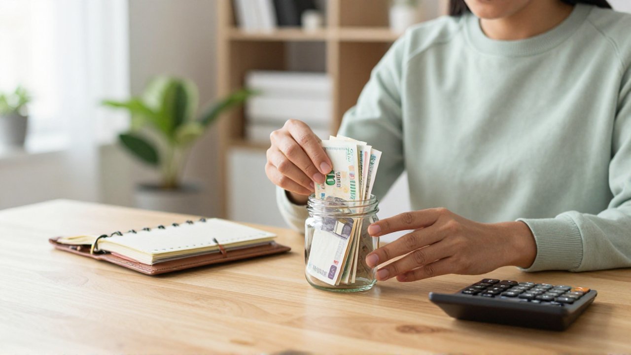 Persona organizando un plan de ahorro al introducir billetes en un frasco de vidrio sobre un escritorio.