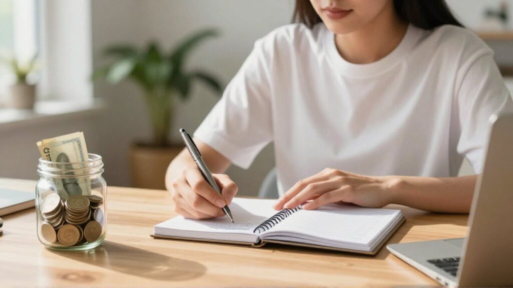 Persona escribiendo en un planificador financiero junto a un frasco con ahorros en una oficina luminosa.