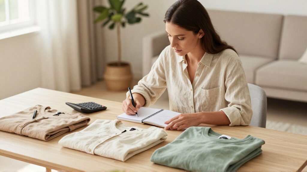 Joven mujer revisa un planificador de presupuesto junto a prendas de ropa sobre un escritorio minimalista.