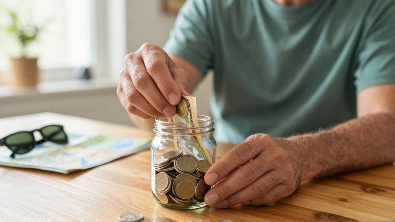 Manos de una persona depositando monedas y un billete en un tarro de cristal sobre una mesa de madera.