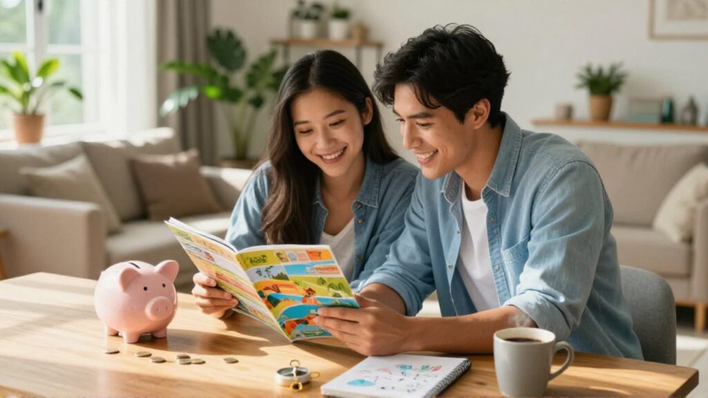 Pareja sonriente planea un viaje en una mesa iluminada por el sol con una guía y una hucha.