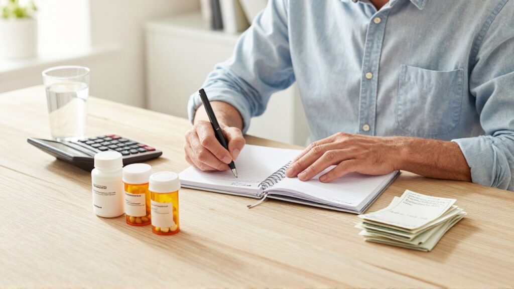 Persona organizando sus gastos mensuales y medicamentos en una mesa de madera durante la mañana.