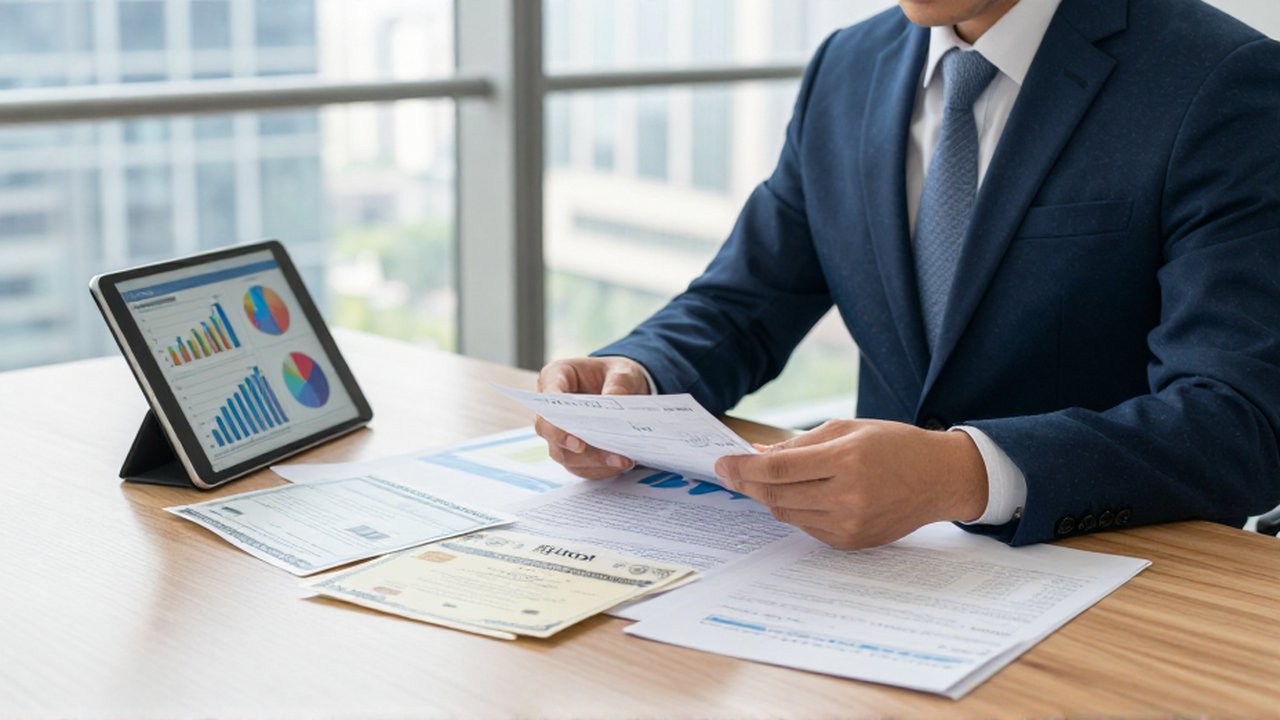 Analista financiero revisa certificados de bonos y gráficos de cartera en una oficina luminosa.
