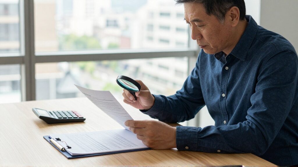 Inversionista analizando detalladamente un informe financiero con una lupa en un escritorio de oficina.