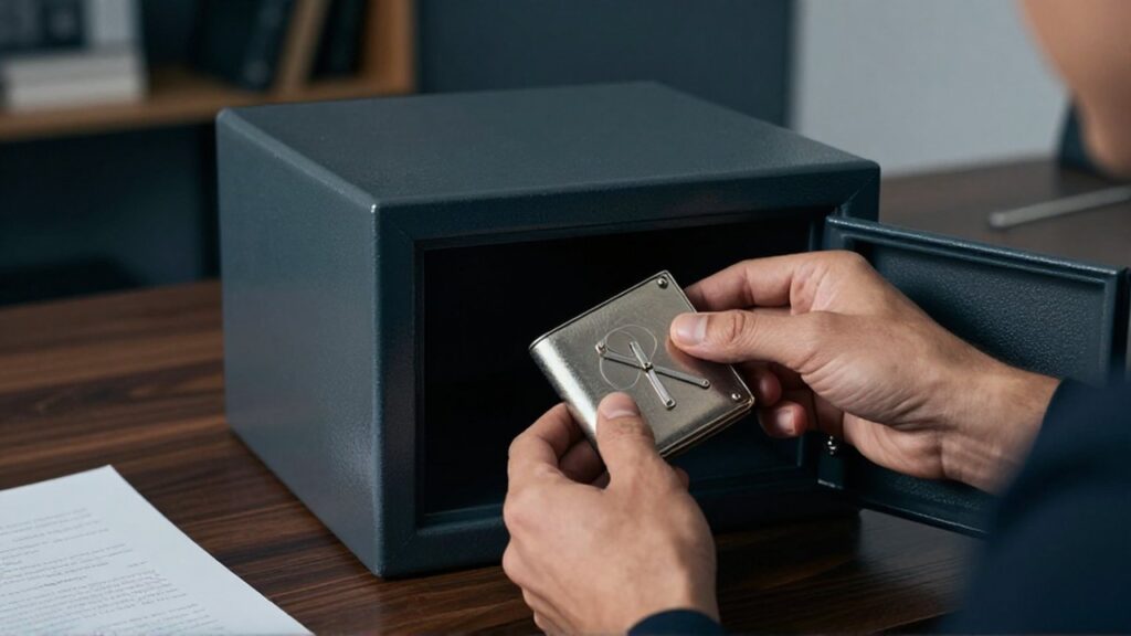 Manos guardando con cuidado una billetera de hardware metálica dentro de una caja fuerte de acero.
