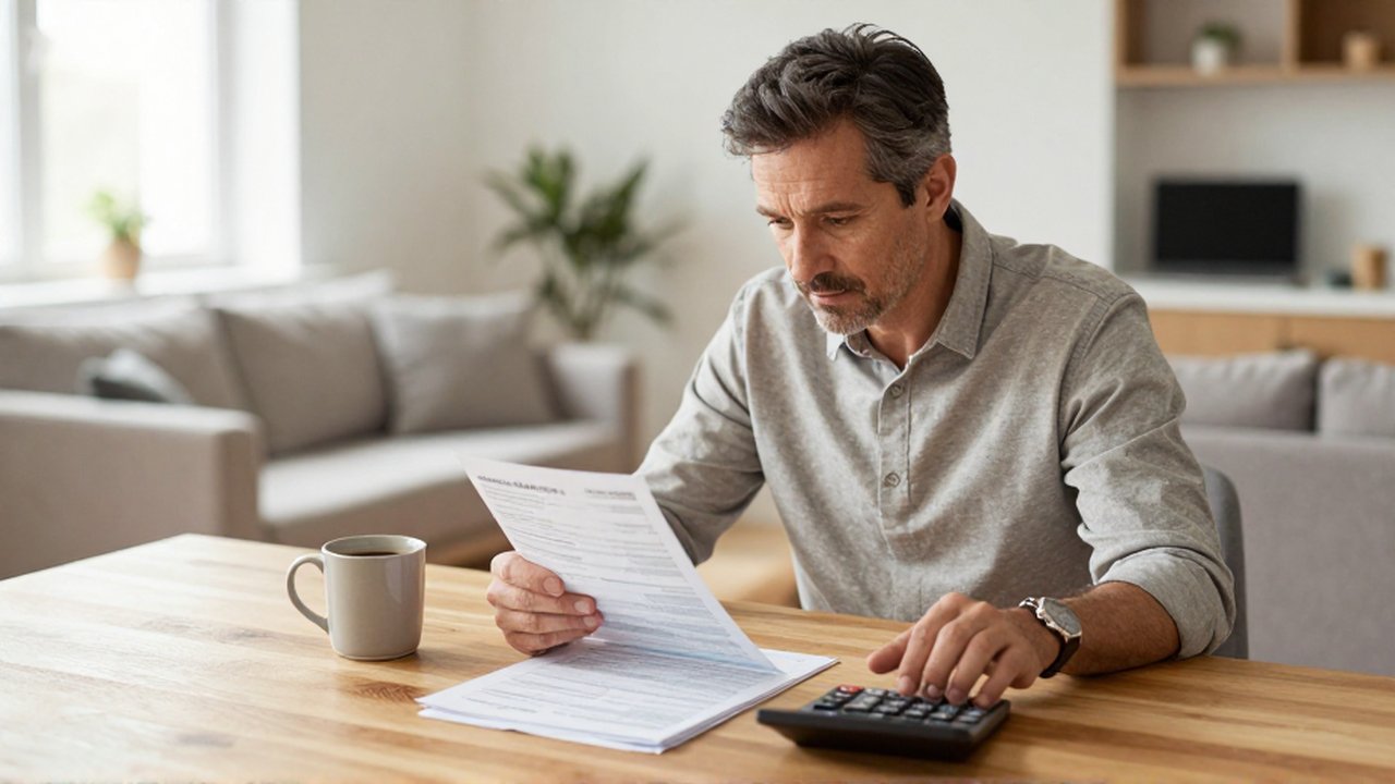 Hombre de mediana edad revisa con calma sus documentos financieros y una calculadora en una mesa de madera.