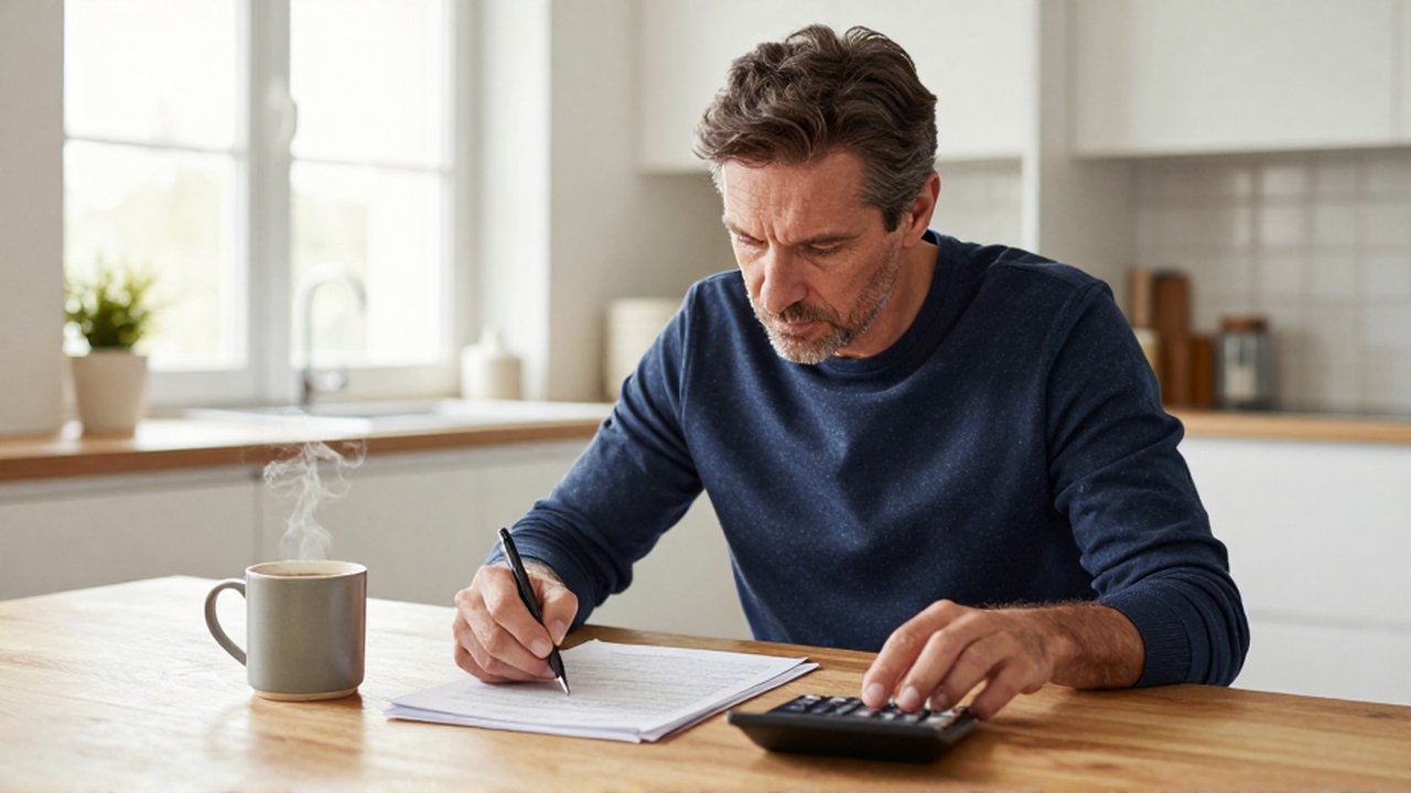 Hombre concentrado analizando sus estados de cuenta bancarios y usando una calculadora en una cocina luminosa.