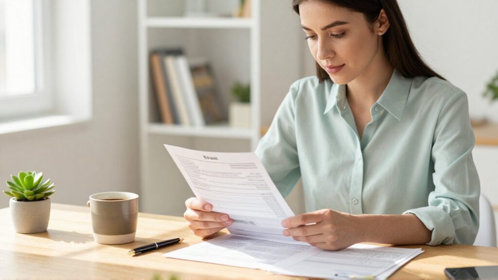 Mujer joven revisa con tranquilidad sus estados de cuenta y un planificador de ahorros en un escritorio luminoso.