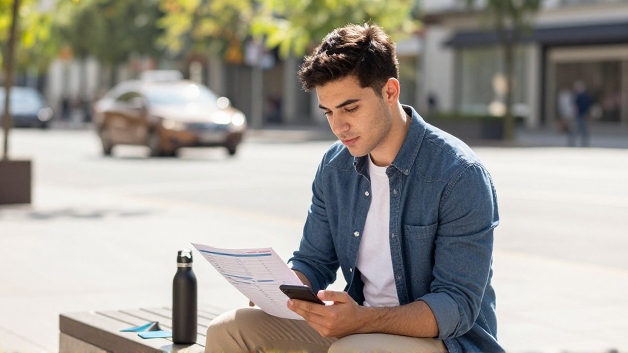Un joven profesional revisa su presupuesto en un planificador y smartphone sentado en una plaza urbana.