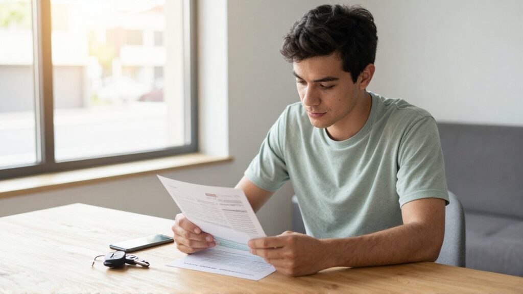 Joven sentado en un comedor moderno revisando con atención su presupuesto de papel.
