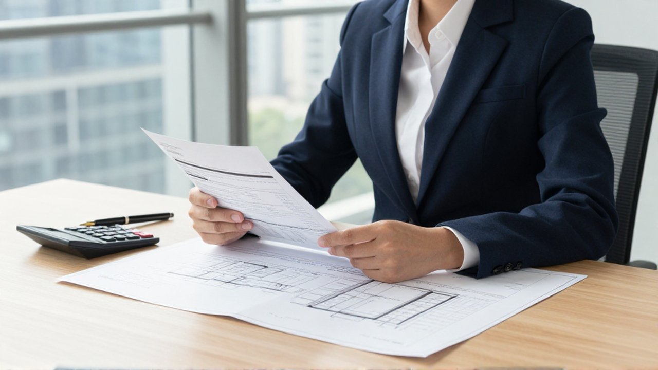 Analista financiero revisa documentos de tasación y planos arquitectónicos en una oficina moderna iluminada.