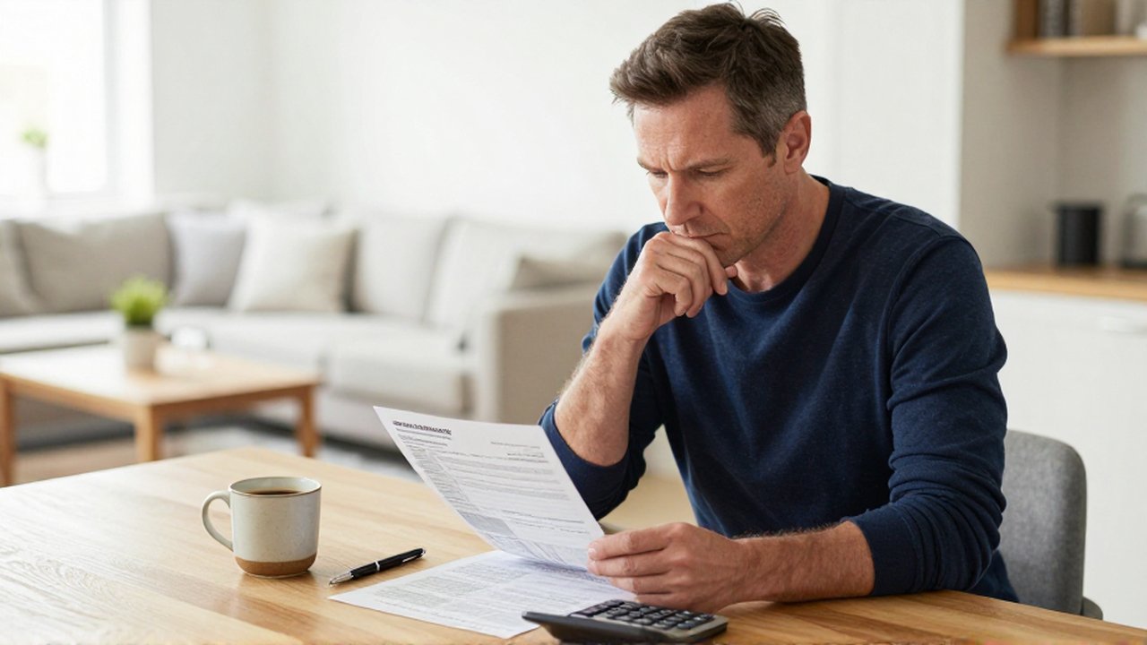 Hombre de mediana edad analiza sus finanzas con una calculadora y un extracto bancario en su hogar.