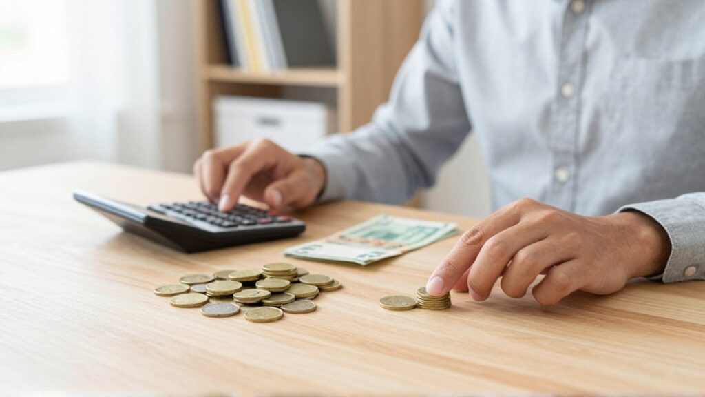Persona concentrada en una oficina comparando pilas de monedas y billetes con una calculadora.