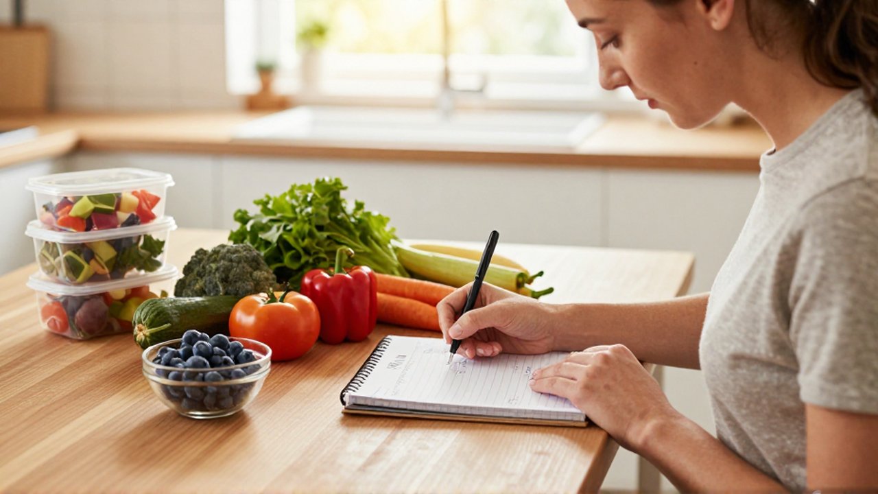 Mujer escribiendo su plan de comidas en una libreta junto a verduras frescas en una cocina luminosa.