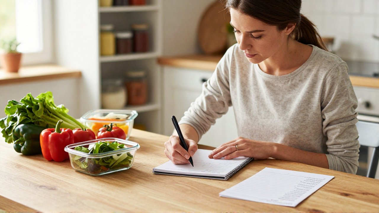 Mujer planificando su menú semanal mientras organiza verduras frescas en recipientes de vidrio sobre una mesa de madera.