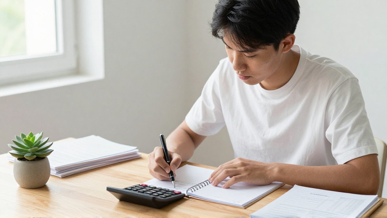 Joven profesional organiza su presupuesto mensual con una calculadora y un planificador en un hogar luminoso.