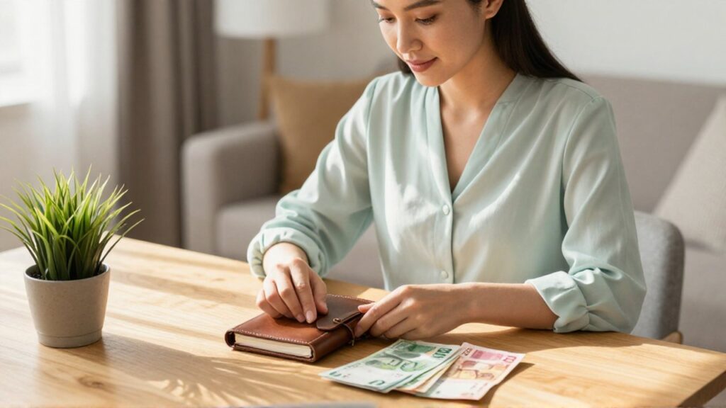Mujer organizada acomoda sus ahorros y un diario financiero sobre una mesa de madera iluminada.
