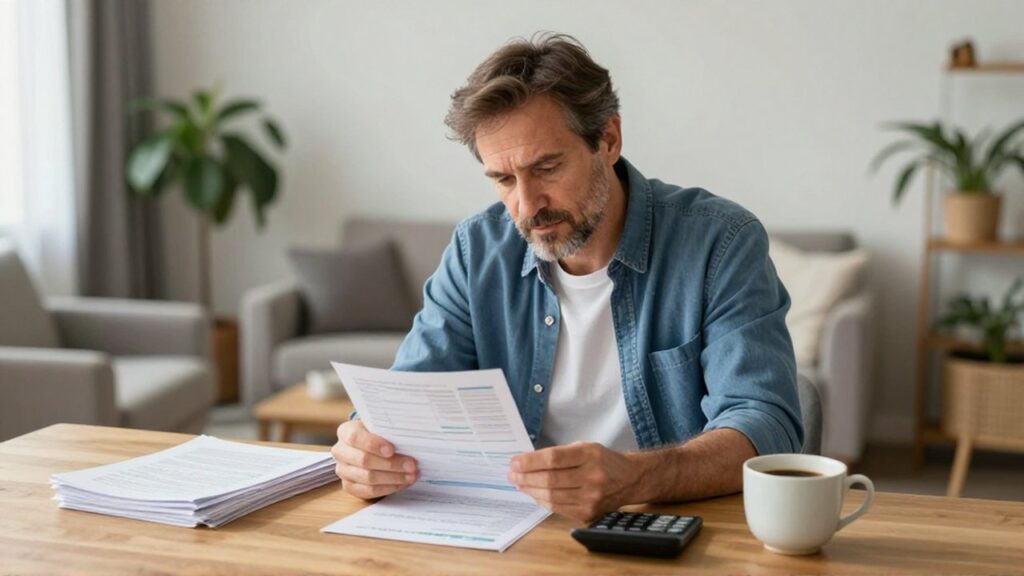 Hombre de mediana edad con expresión tranquila revisando sus finanzas sobre una mesa de madera.