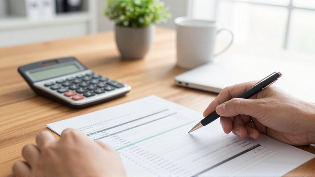 Manos revisando un estado financiero con una calculadora sobre un escritorio de madera iluminado por el sol.