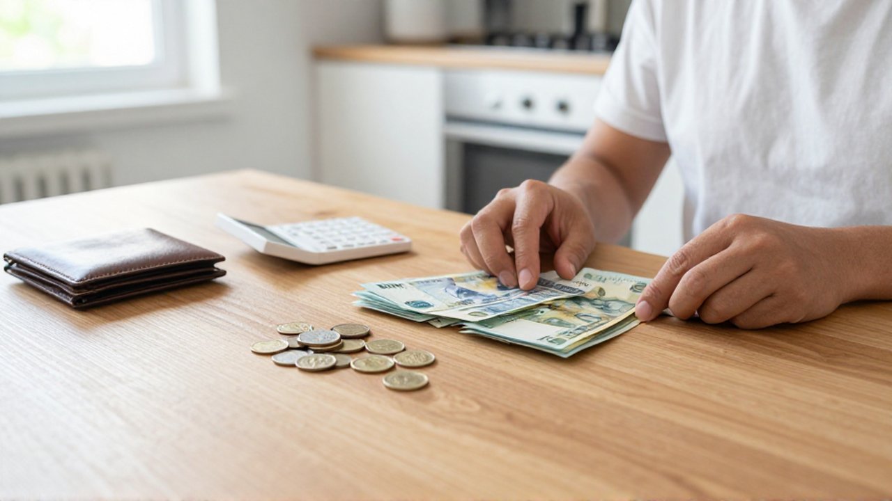 Manos organizando billetes y monedas en dos montones sobre una mesa de madera iluminada por el sol.