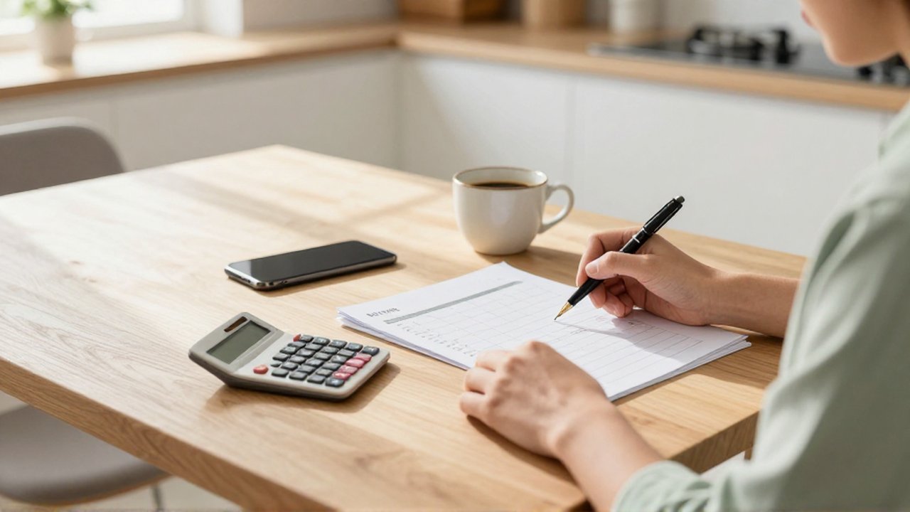 Persona revisando un planificador presupuestario y una calculadora sobre una mesa de madera en un entorno luminoso.
