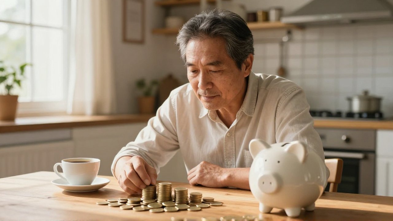 Hombre pensativo observa una pequeña pila de monedas de oro y una hucha sobre una mesa de madera.