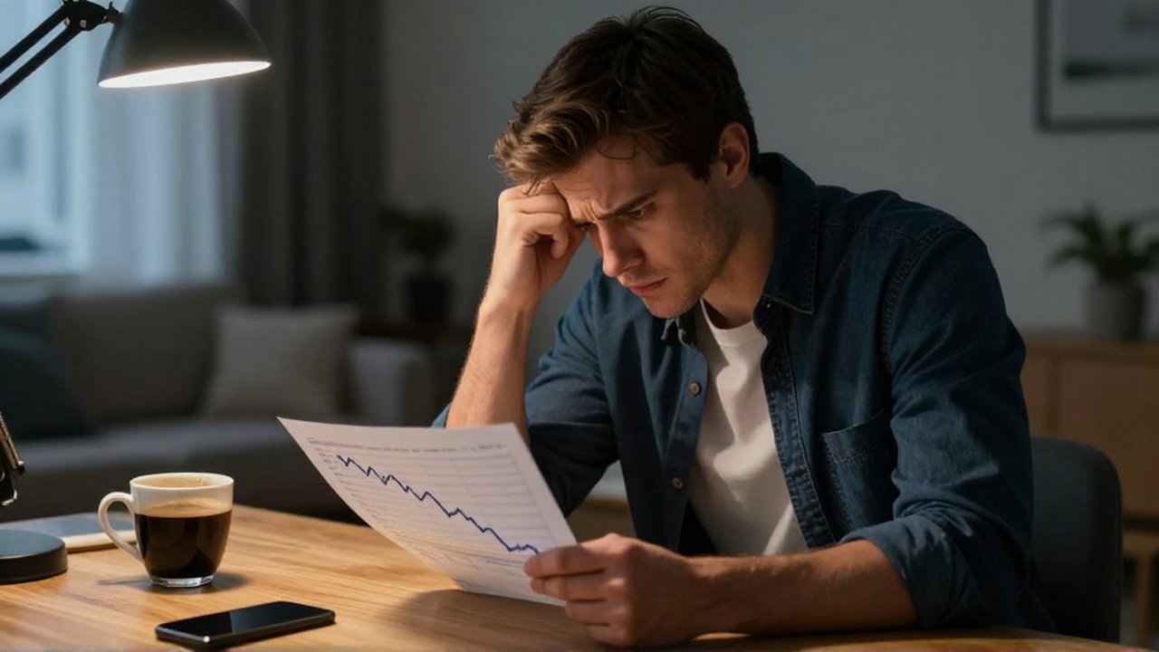 Joven inversor preocupado observa un gráfico de valores en caída sobre su escritorio de noche.