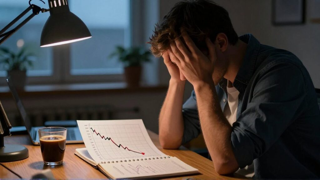 Joven trader con gesto de ansiedad observa un gráfico impreso con una tendencia bajista descendente.