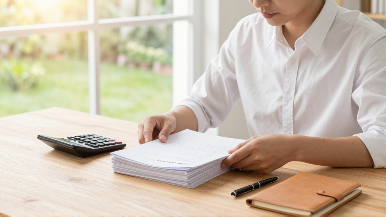 Persona con expresión tranquila organiza papeles y una calculadora sobre un escritorio de madera iluminado.