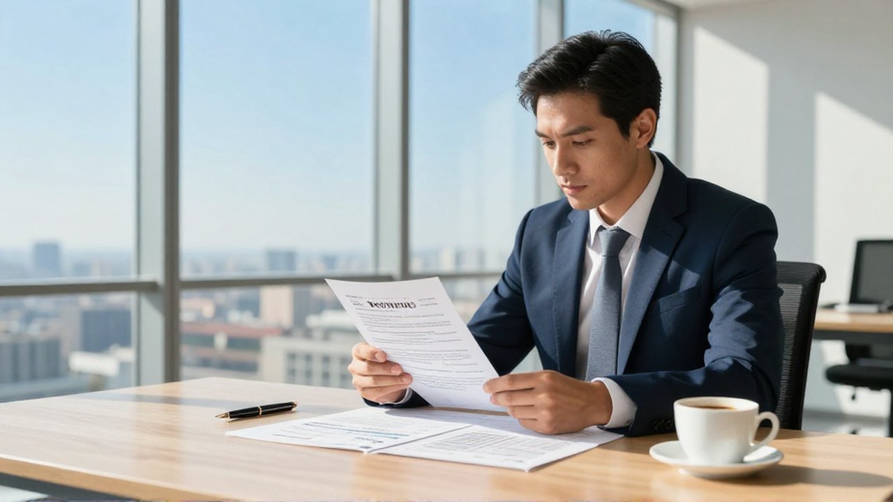 Analista financiero revisando certificados de bonos y un informe económico en una oficina moderna.