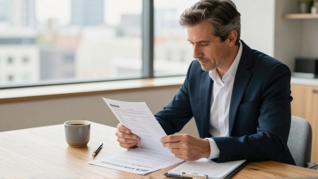 Analista financiero revisa un certificado de bonos y un libro contable en su oficina moderna.