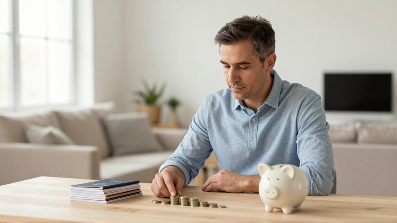 Hombre de mediana edad reflexiona frente a sus ahorros en un escritorio de una oficina moderna.