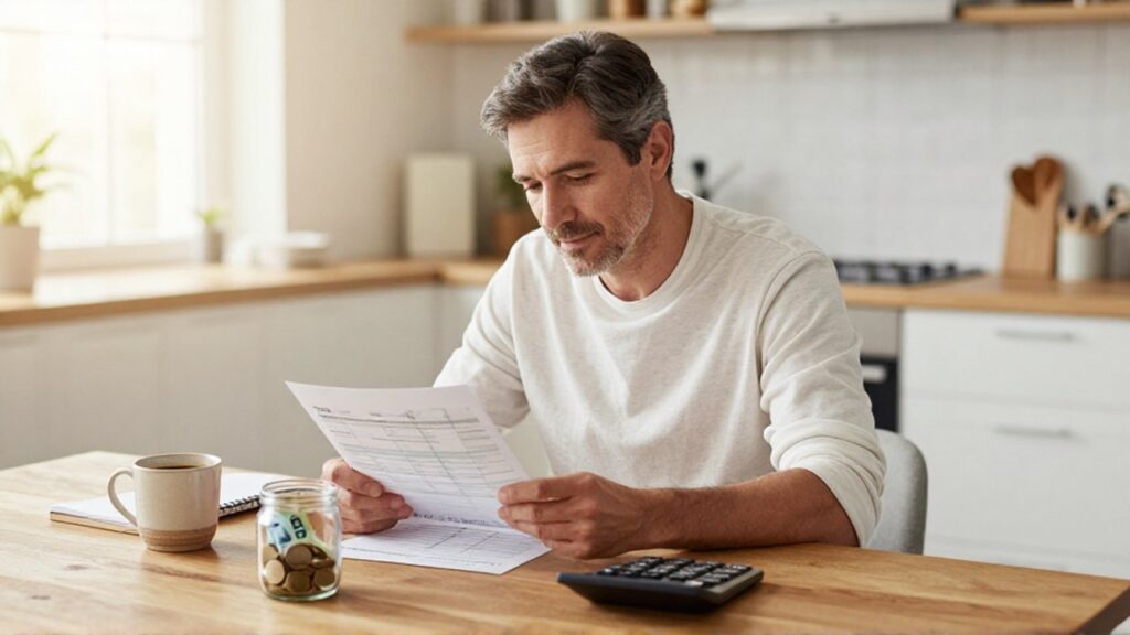 Hombre revisando con calma su presupuesto y un tarro de ahorros en una cocina iluminada.