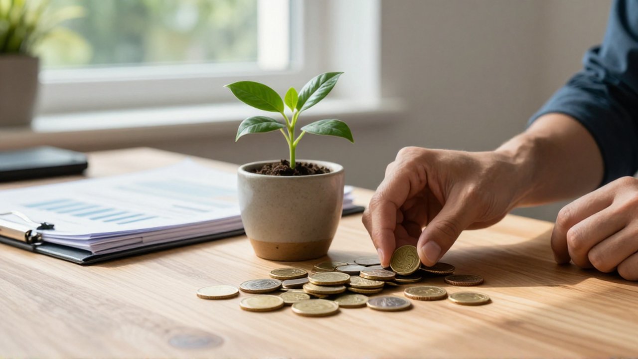 Manos organizando monedas de oro, un pequeño brote verde y documentos financieros sobre un escritorio de madera.