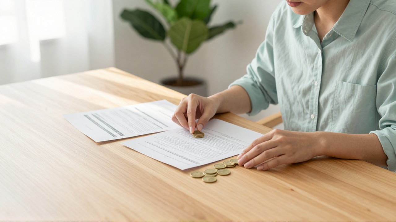 Persona revisando estados financieros y monedas de oro sobre una mesa de madera en una oficina luminosa.