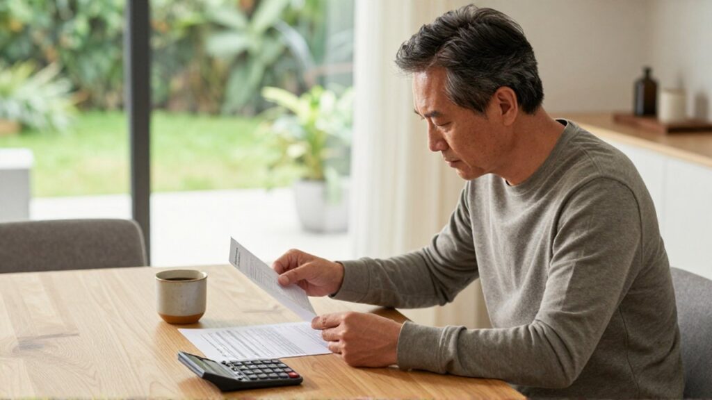 Hombre revisando tranquilamente sus estados financieros y libreta de ahorros en una mesa de madera iluminada por el sol.